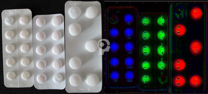 The Chemical Color Image above shows three different  drugs – Blue: Lercanidipin; Green: Eplerenon; Red: Roxithromycin. By this, the product can be checked for completeness or for wrong inserted pills. Using high resolved cameras it will become possible also to detect cracks or defects on the pills through the blister.